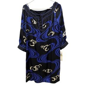 Maggie London 100% Silk 3/4” Sleeve Shift Dress Black Blue Mini NWT Womens 14